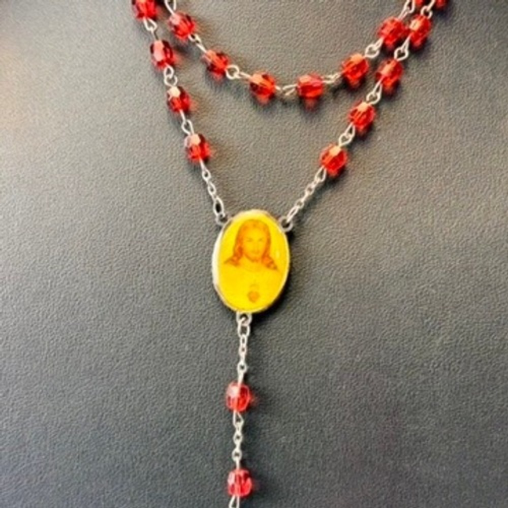 Vintage Rosary Necklace Red Crystal Beads Silver Tone Crucifix Religious Goth - Picture 2 of 7